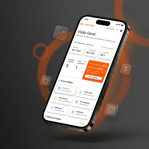 Visão Geral do INK Rise Pro em um iPhone, mostrando Pulso Financeiro, Acesso Rápido e a próxima data comemorativa.